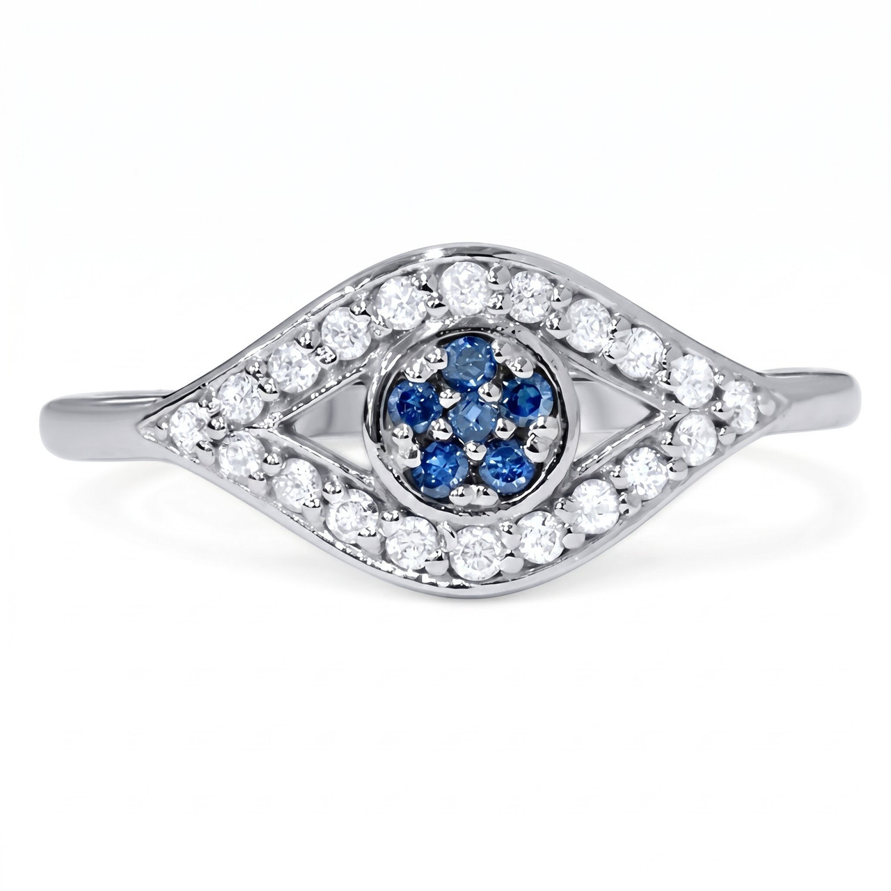 1/3ct Blue & White Diamond Evil Eye Ring 14K White Gold (G-H, I2-I3)