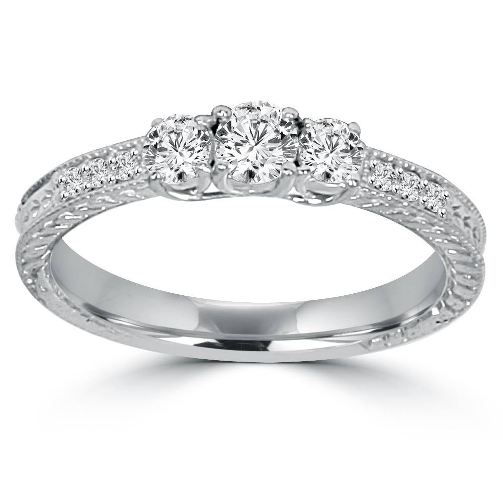 Antique 3/4ctw Round Diamond 14K White Gold 3 Three Stone Anniversary Ring Band (G-H, I1)