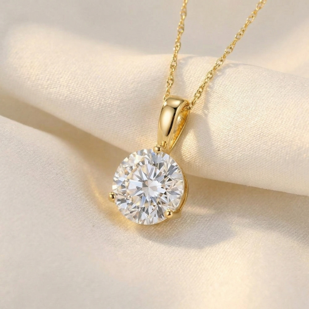 Certified 3Ct Round 3-Prong Diamond Pendant 14k Yellow Gold Lab Grown Necklace (G-H, VS2-SI1)
