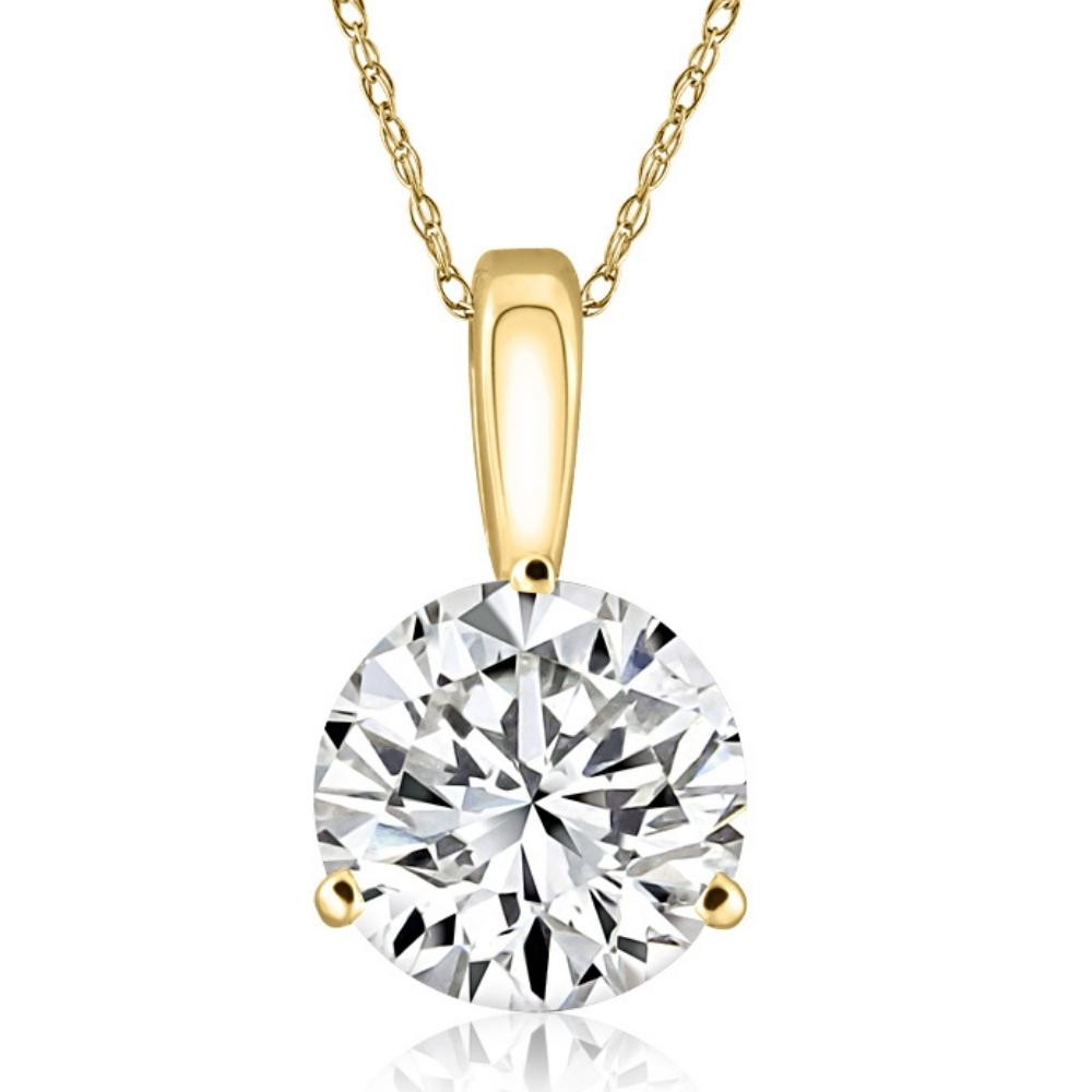 Certified 3Ct Round 3-Prong Diamond Pendant 14k Yellow Gold Lab Grown Necklace (G-H, VS2-SI1)