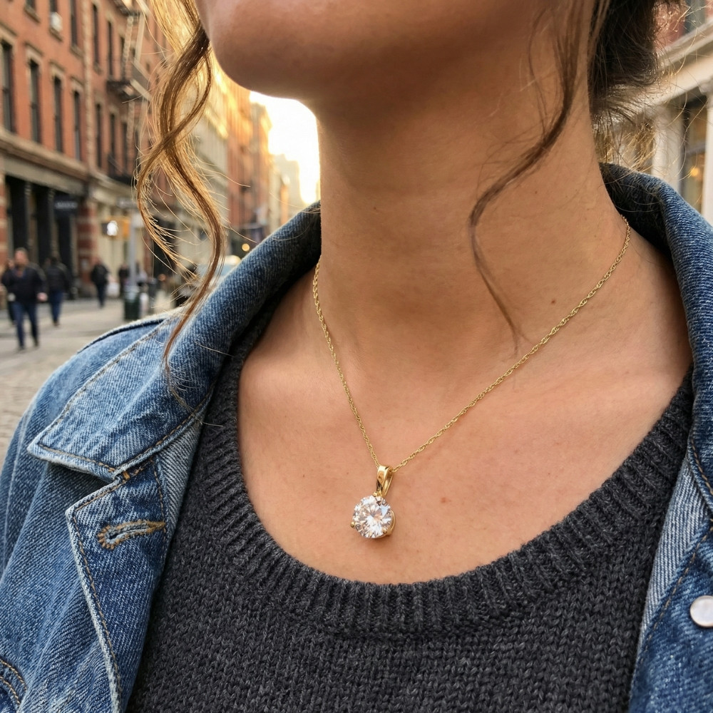 Certified 3Ct Round 3-Prong Diamond Pendant 14k Yellow Gold Lab Grown Necklace (G-H, VS2-SI1)