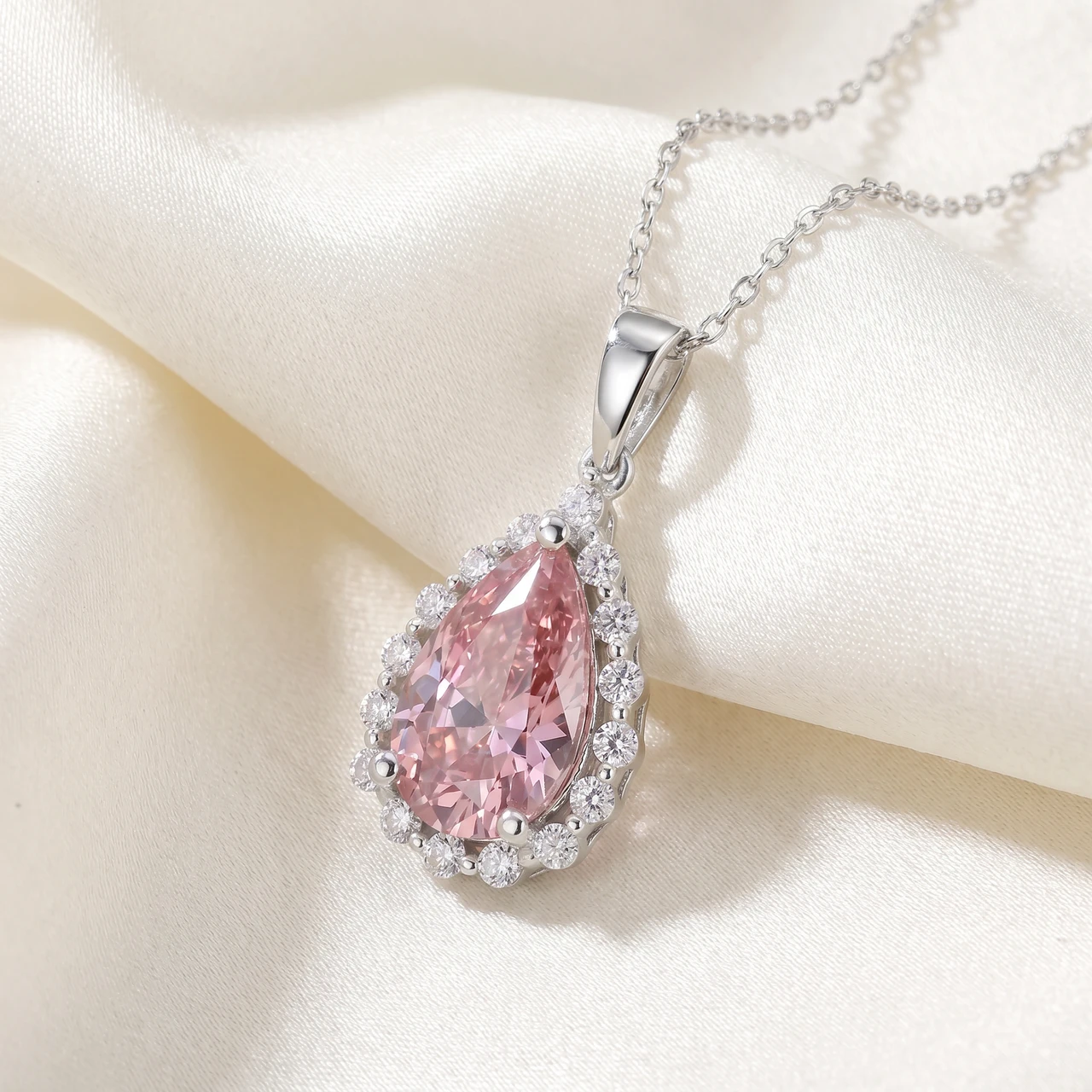 3 1/2Ct Pink Topaz & Diamond Halo Pendant 10k White Gold Womens Necklace 1" Tall (G-H, I2-I3)