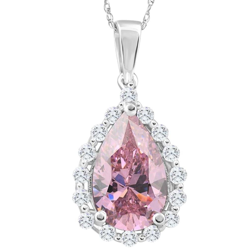 3 1/2Ct Pink Topaz & Diamond Halo Pendant 10k White Gold Womens Necklace 1" Tall (G-H, I2-I3)