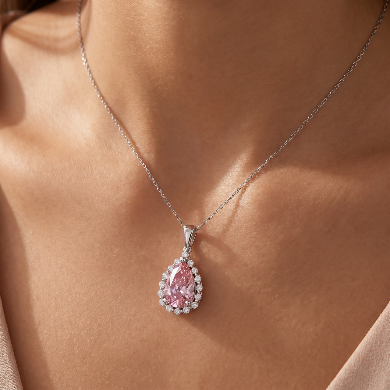 3 1/2Ct Pink Topaz & Diamond Halo Pendant 10k White Gold Womens Necklace 1" Tall (G-H, I2-I3)