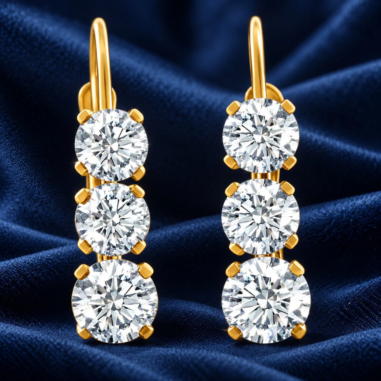 1 1/2Ct 3-Stone Diamond Leverback Hoops Women's Earrings 14k Gold 1/2" Tall Lab (E-F, VS)