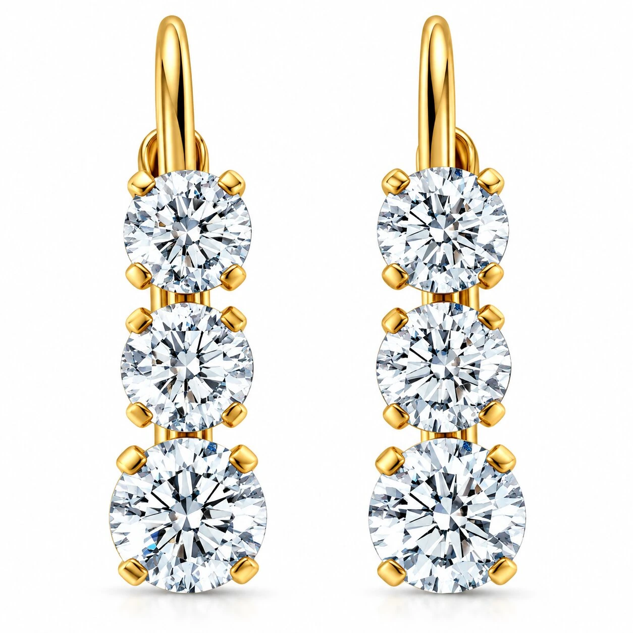 1 1/2Ct 3-Stone Diamond Leverback Hoops Women's Earrings 14k Gold 1/2" Tall Lab (E-F, VS)