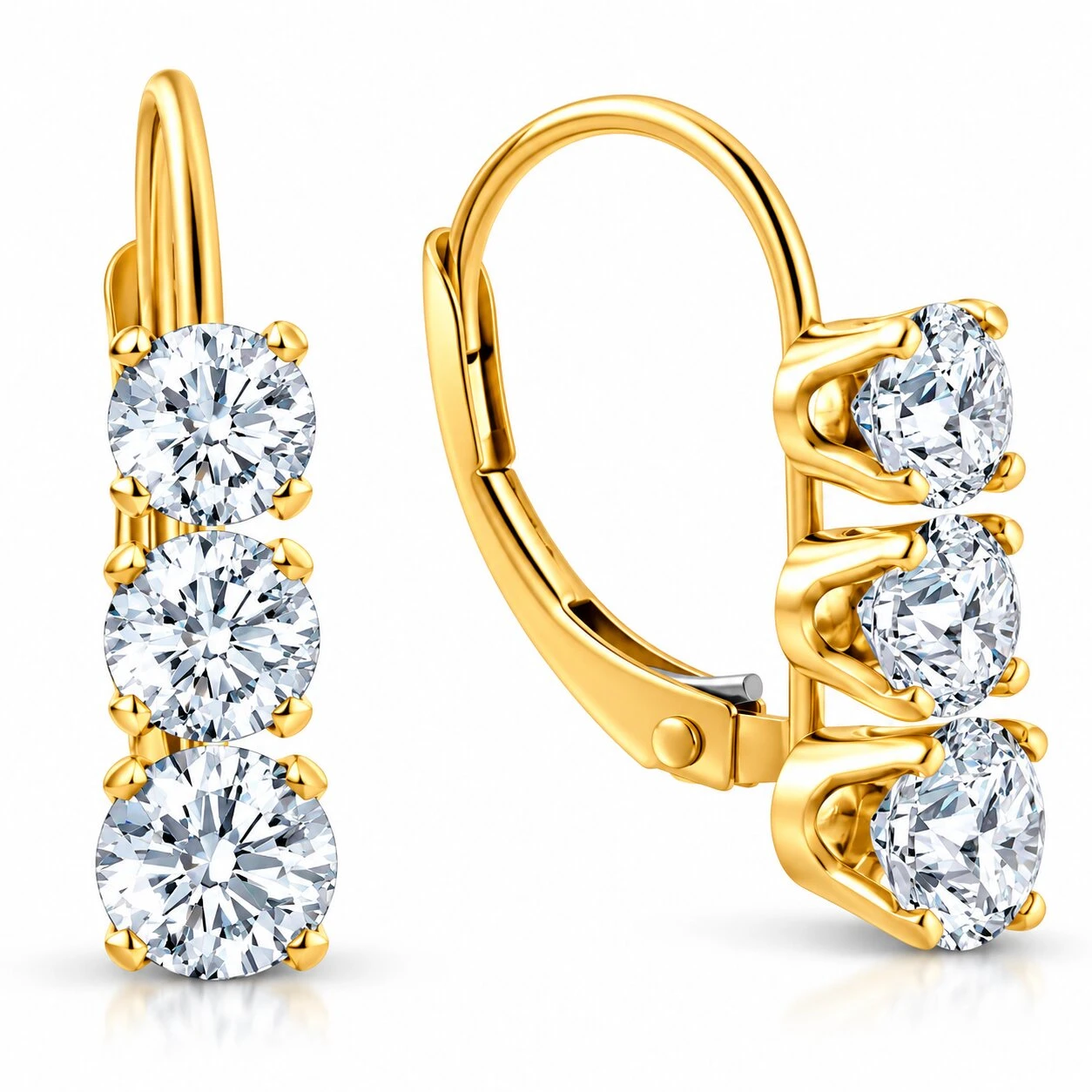 1 1/2Ct 3-Stone Diamond Leverback Hoops Women's Earrings 14k Gold 1/2" Tall Lab (E-F, VS)