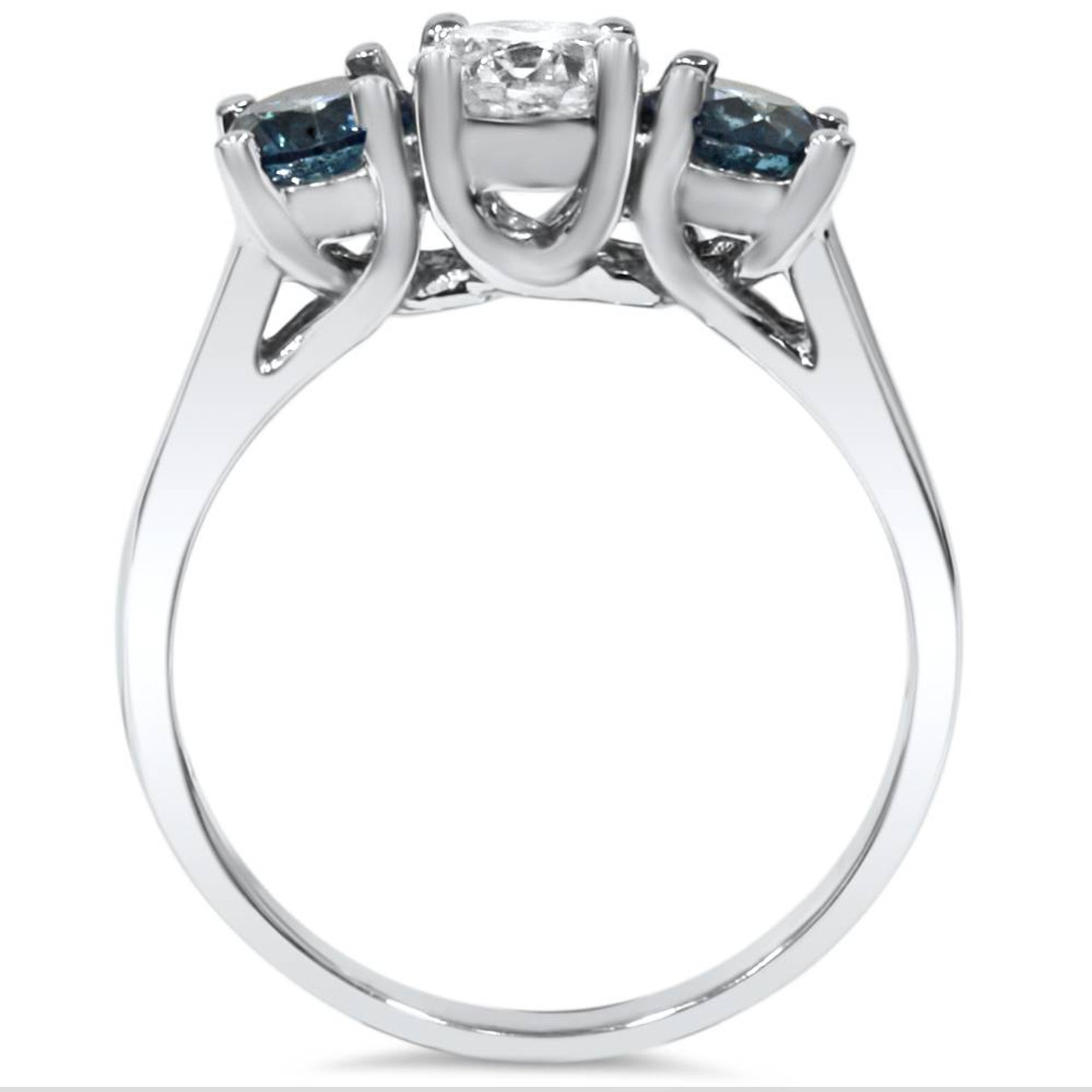 1 3/4ct Blue & White Diamond Three Stone Engagement 14K White Gold Ring