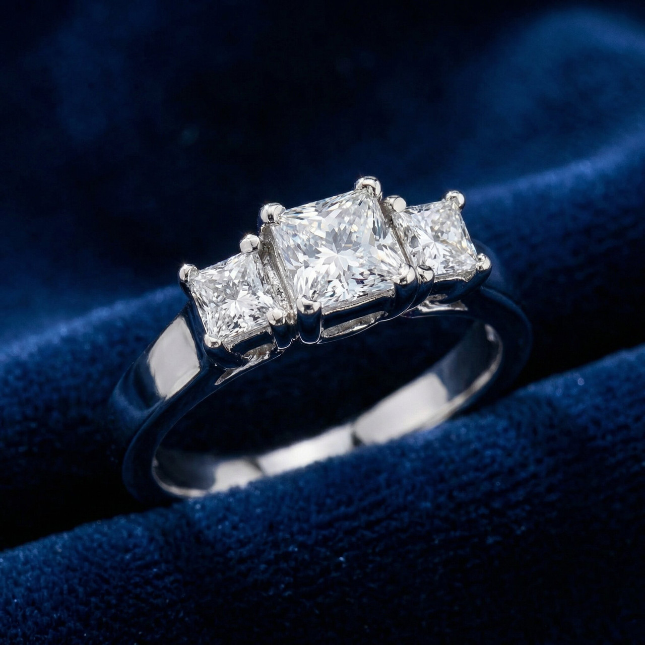 1ct Three Stone Princess Cut Diamond Engagement Ring 14K White Gold (H-I, I1)