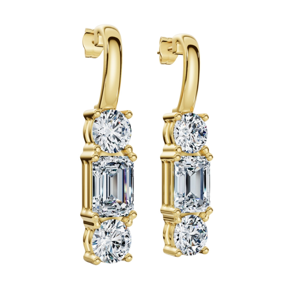 6Ct Emerald & Round Cut Diamond Earrings 14k Gold Lab Grown 1 1/3"  Tall (F-G, VS)