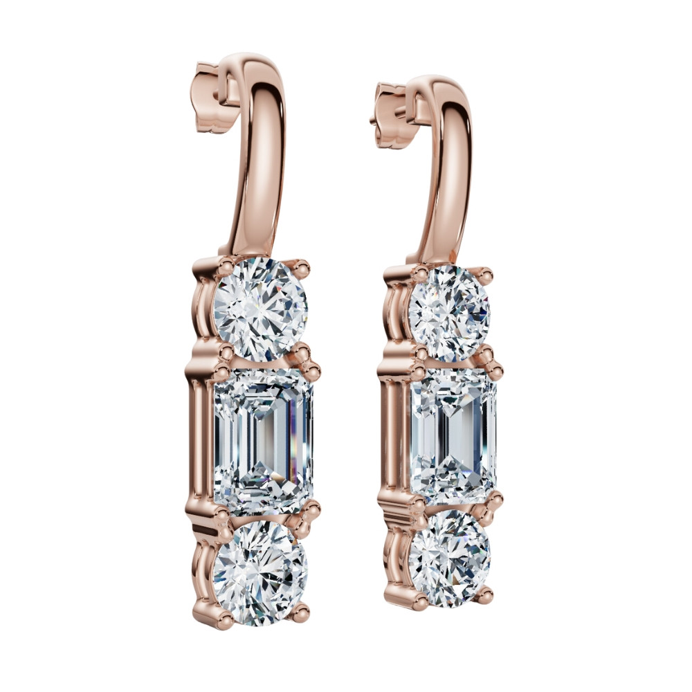 6Ct Emerald & Round Cut Diamond Earrings 14k Gold Lab Grown 1 1/3"  Tall (F-G, VS)