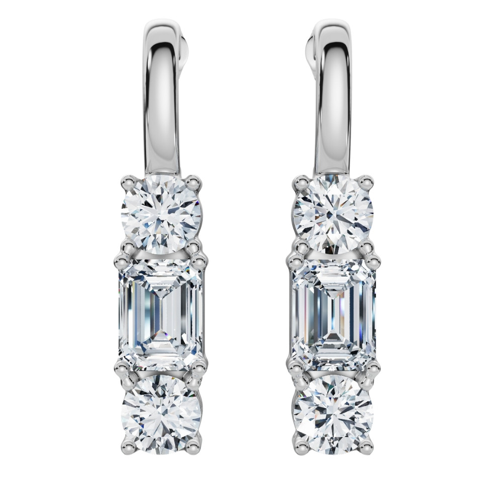 6Ct Emerald & Round Cut Diamond Earrings 14k Gold Lab Grown 1 1/3"  Tall (F-G, VS)