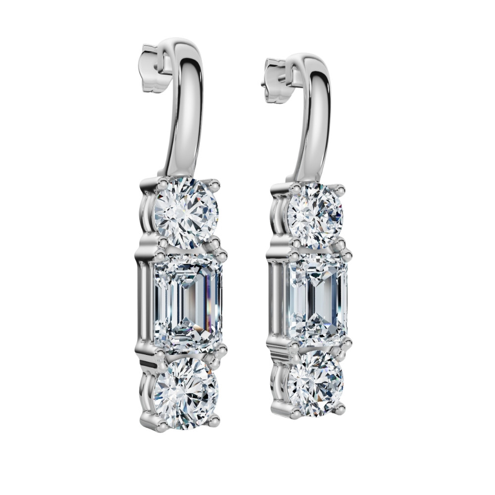 6Ct Emerald & Round Cut Diamond Earrings 14k Gold Lab Grown 1 1/3"  Tall (F-G, VS)