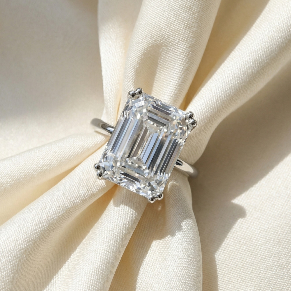 Certified 10Ct Emerald Cut Diamond Solitaire Engagement Ring 14k Gold Lab Grown (F-G, VS)