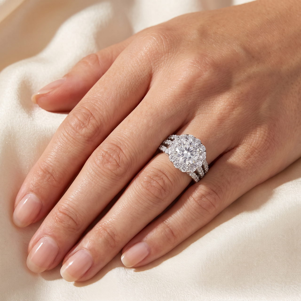 Certified 4Ct Diamond 3-Row Engagement Ring 14k Gold Lab Grown (F-G, VS)