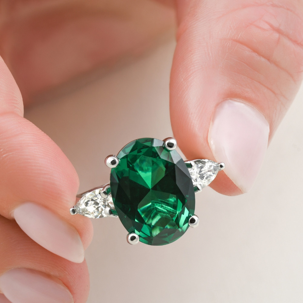 16x12mm Emerald & 1Ct Pear Shape Diamond Ring 14k Gold Lab Grown (F-G, VS)
