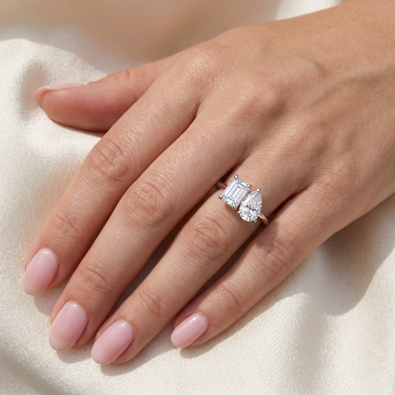 3.50Ct Moi Et Toi Diamond Ring Pear & Emerald Shape 14k White Gold Lab Grown (E-F, VS)