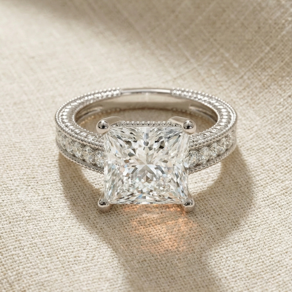 Certified 4 1/5Ct Princess Cut Diamond Vintage Engagement Ring Lab Grown (F-G, VS)