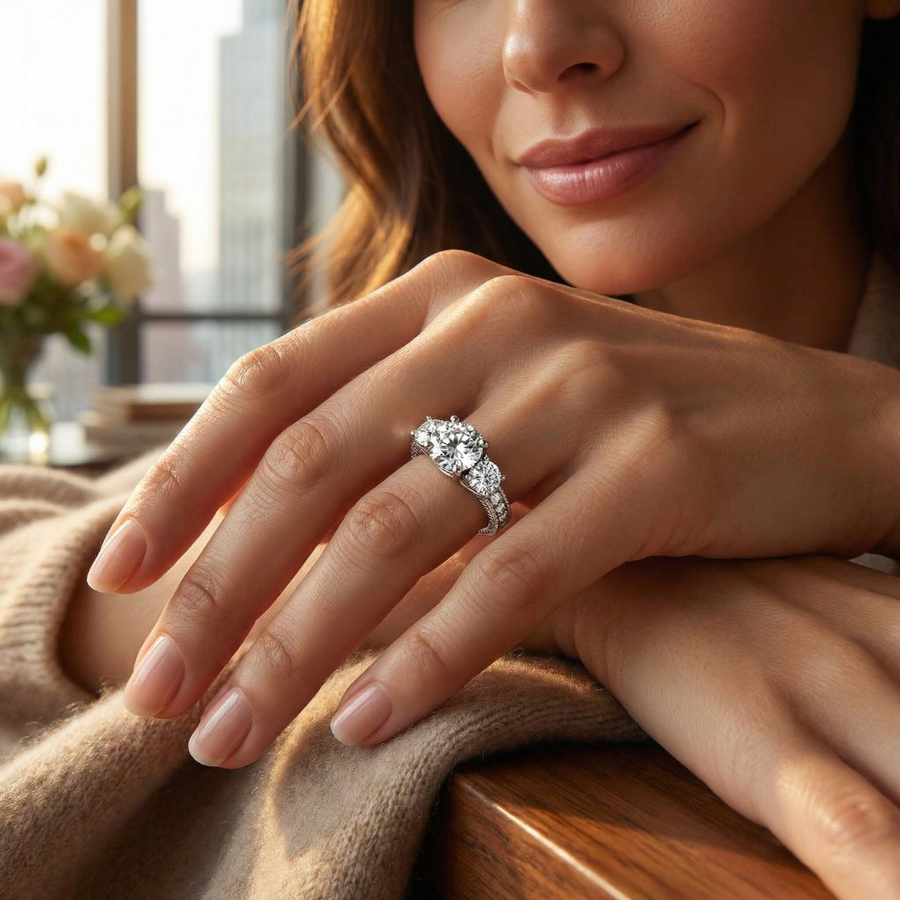 2 1/2ct Vintage 3-Stone Lab Grown Diamond Engagement Ring 14K White Gold (G-H, VS2-SI1)