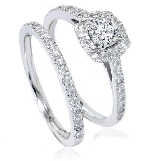 1ct Cushion Halo Diamond Engagement Wedding Ring Set 14K White Gold (J-K, I1)