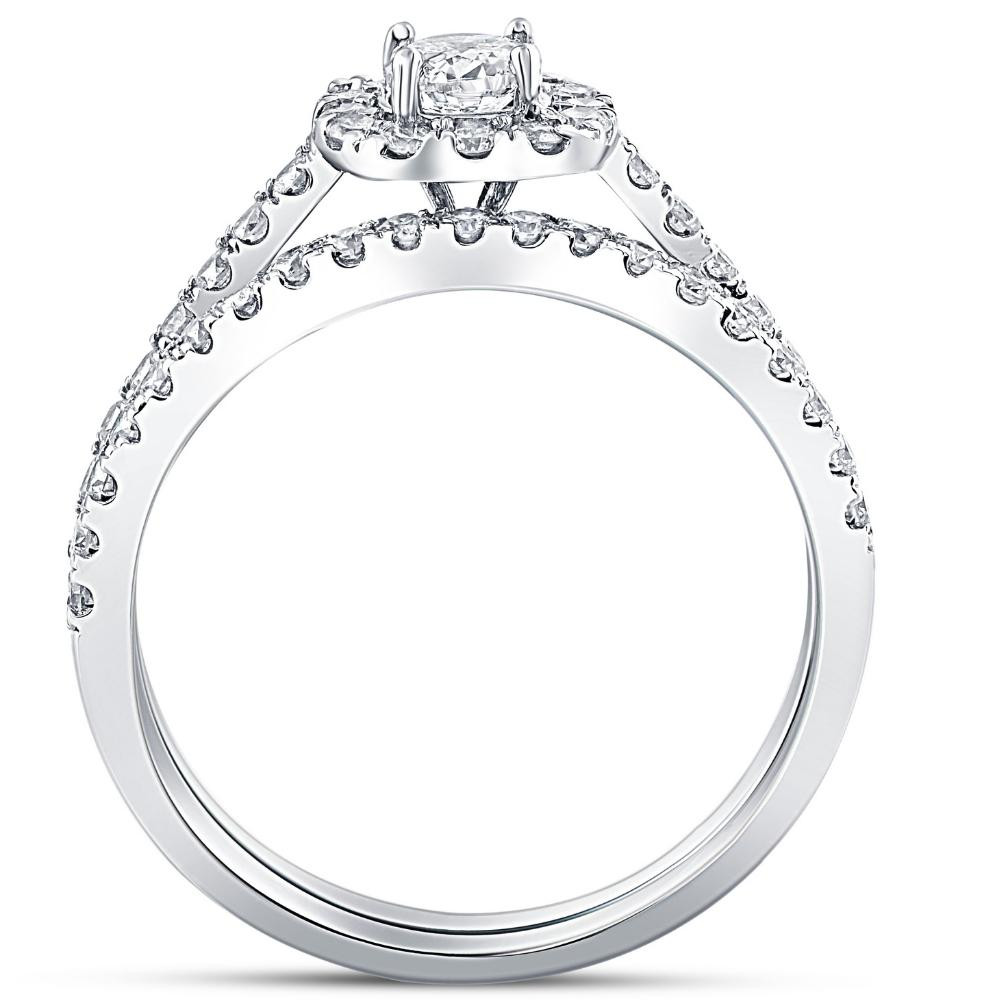 1ct Cushion Halo Diamond Engagement Wedding Ring Set 14K White Gold (J-K, I1)