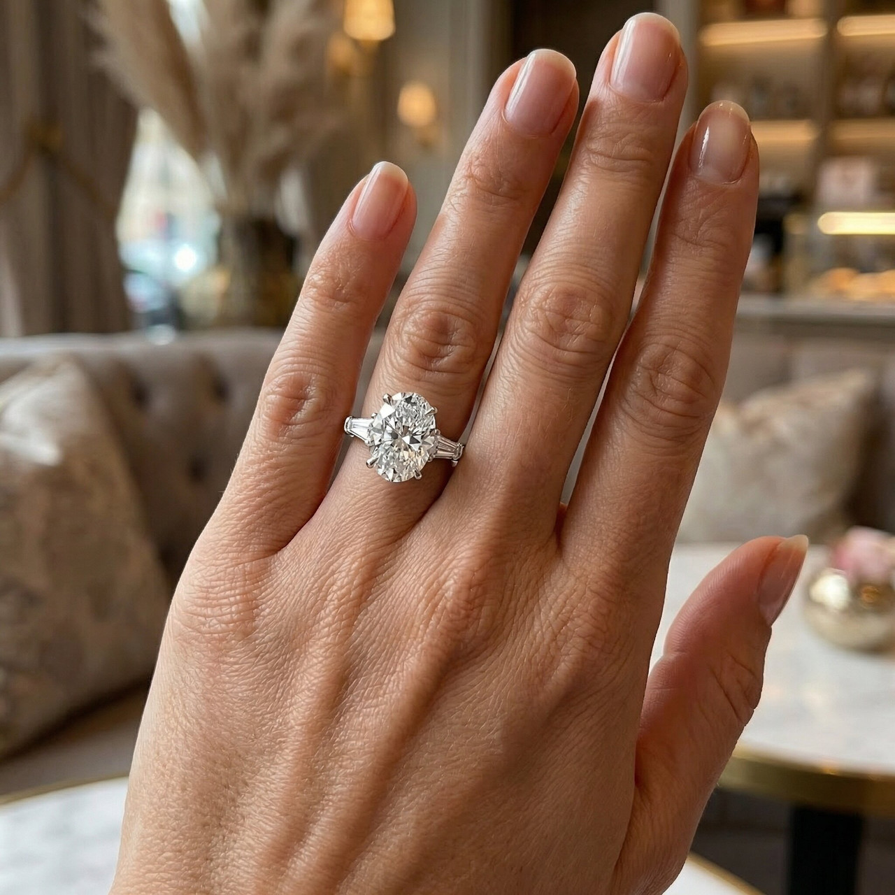 Certified 4 1/3Ct Oval & Baguette Diamond Engagement Ring 14k Gold/Pt Lab Grown (F-G, VS)