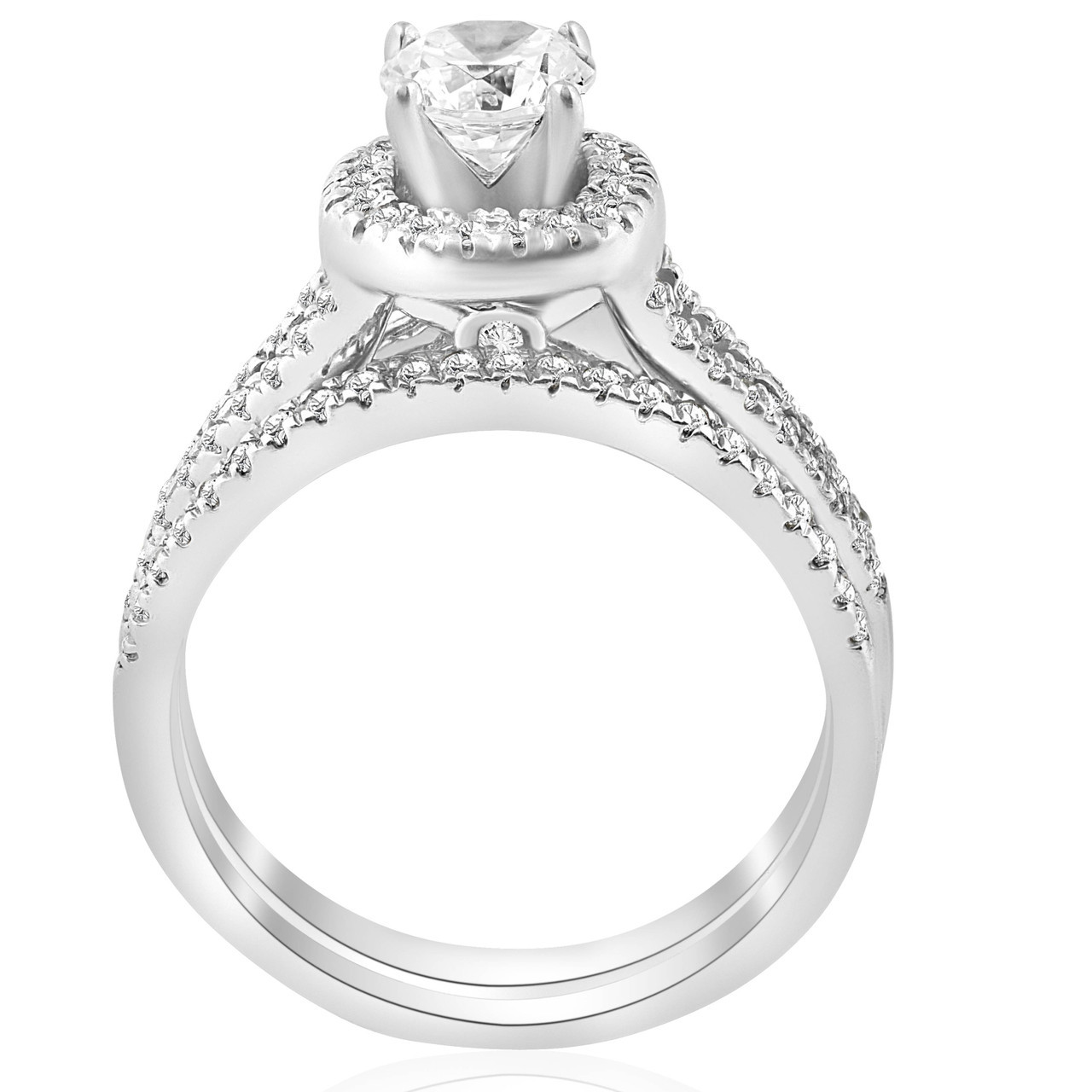 1ct Halo Diamond Engagement Ring Set Split Shank Bridal Wedding 14K White Gold (G-H, I1)