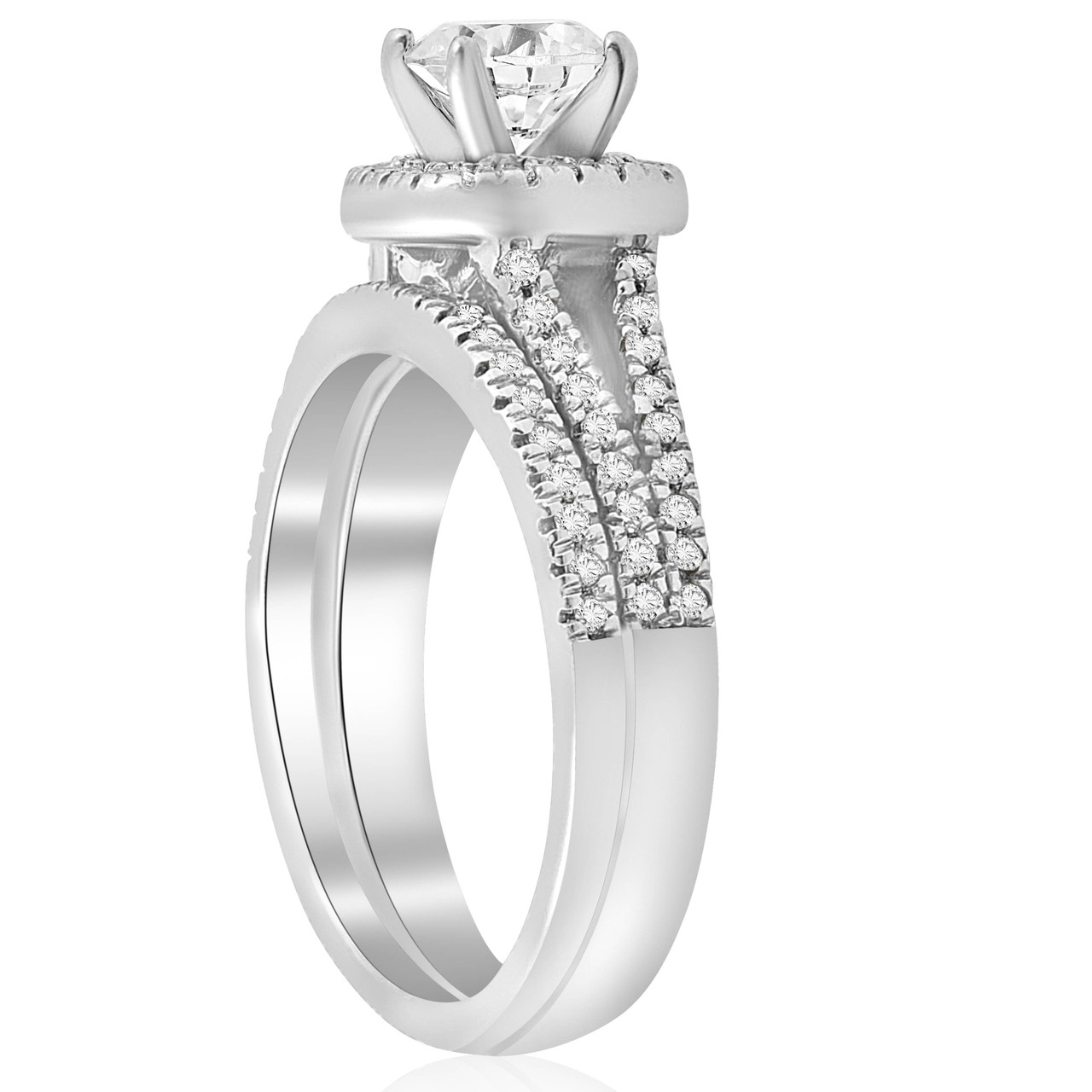 1ct Halo Diamond Engagement Ring Set Split Shank Bridal Wedding 14K White Gold (G-H, I1) 1ct Halo Diamond Engagement Ring Set Split Shank Bridal Wedding 14K White Gold (G-H, I1)