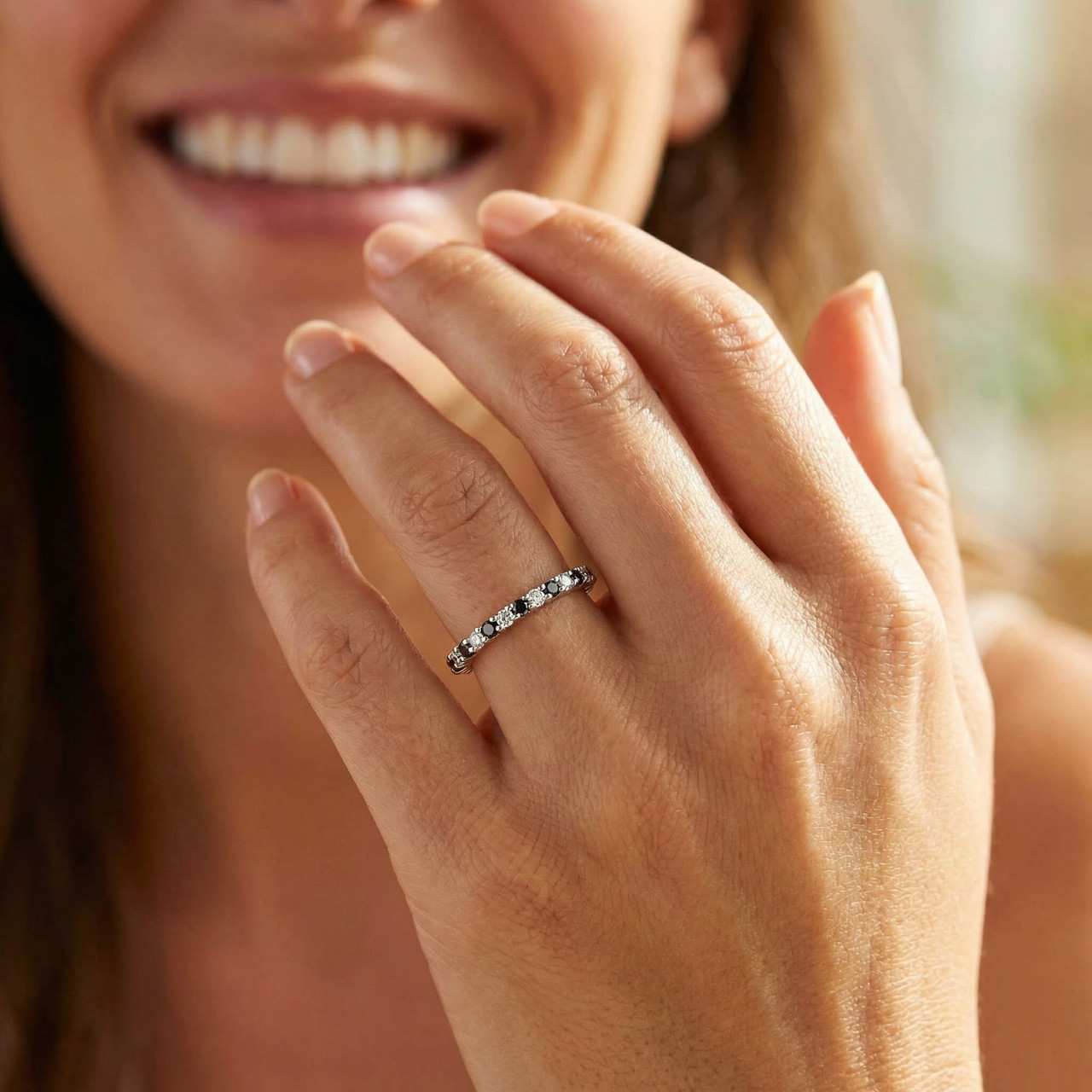 1/2ct Black & White Diamond Eternity Ring 14K White Gold (G-H, I2-I3)