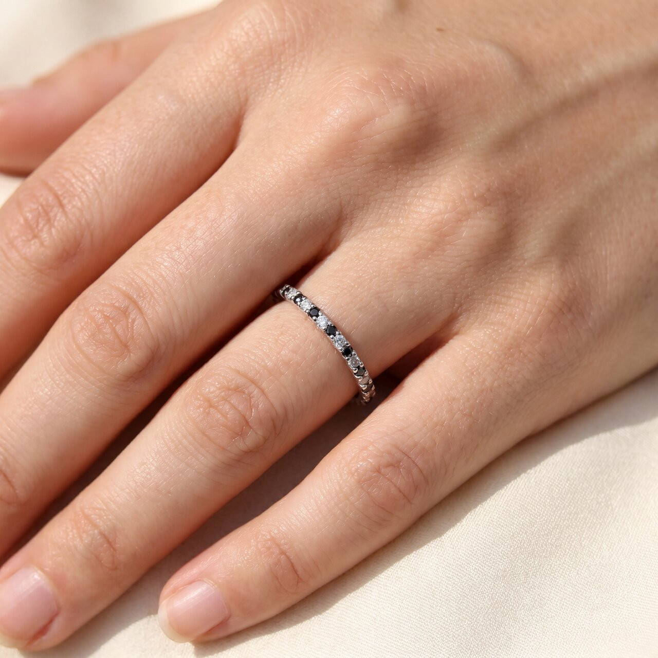 1/2ct Black & White Diamond Eternity Ring 14K White Gold (G-H, I2-I3)