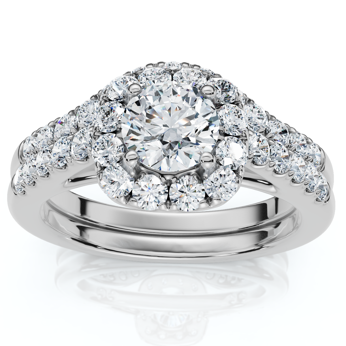 1 1/10Ct Cushion Halo Diamond Engagement Ring & Matching Band Gold/Pt Lab Grown (E-F, VS)