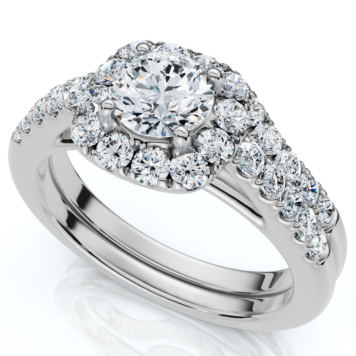 1 1/10Ct Cushion Halo Diamond Engagement Ring & Matching Band Gold/Pt Lab Grown (E-F, VS)