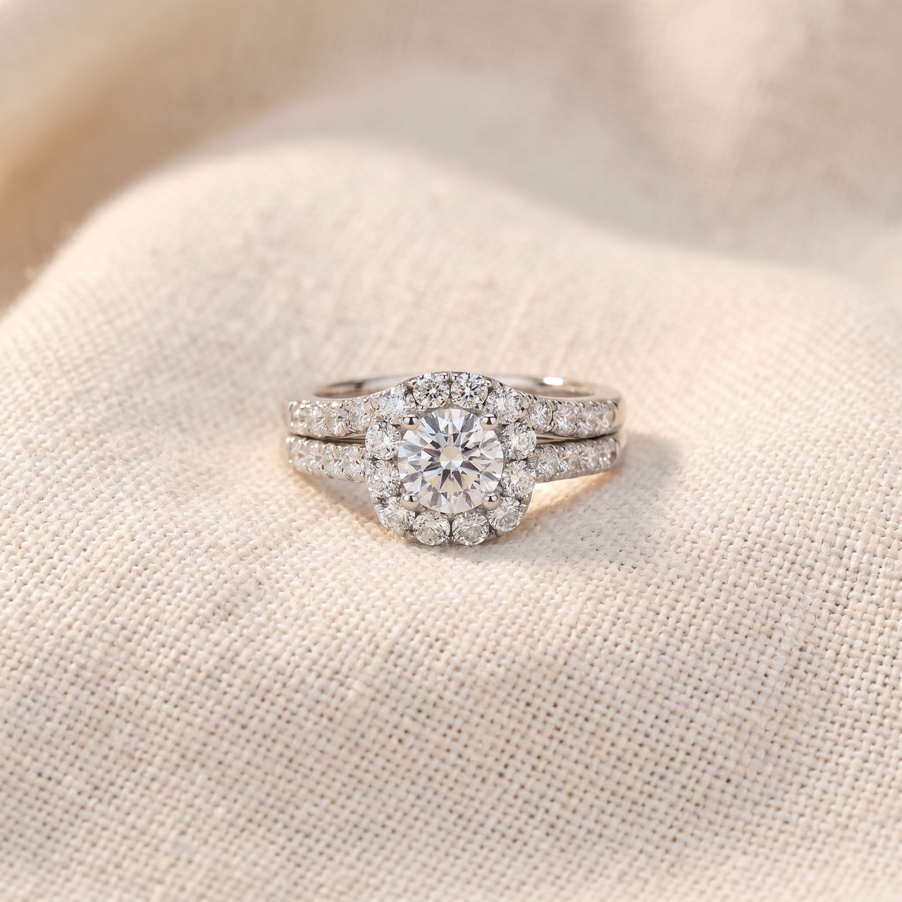 1 1/10Ct Cushion Halo Diamond Engagement Ring & Matching Band Gold/Pt Lab Grown (E-F, VS)