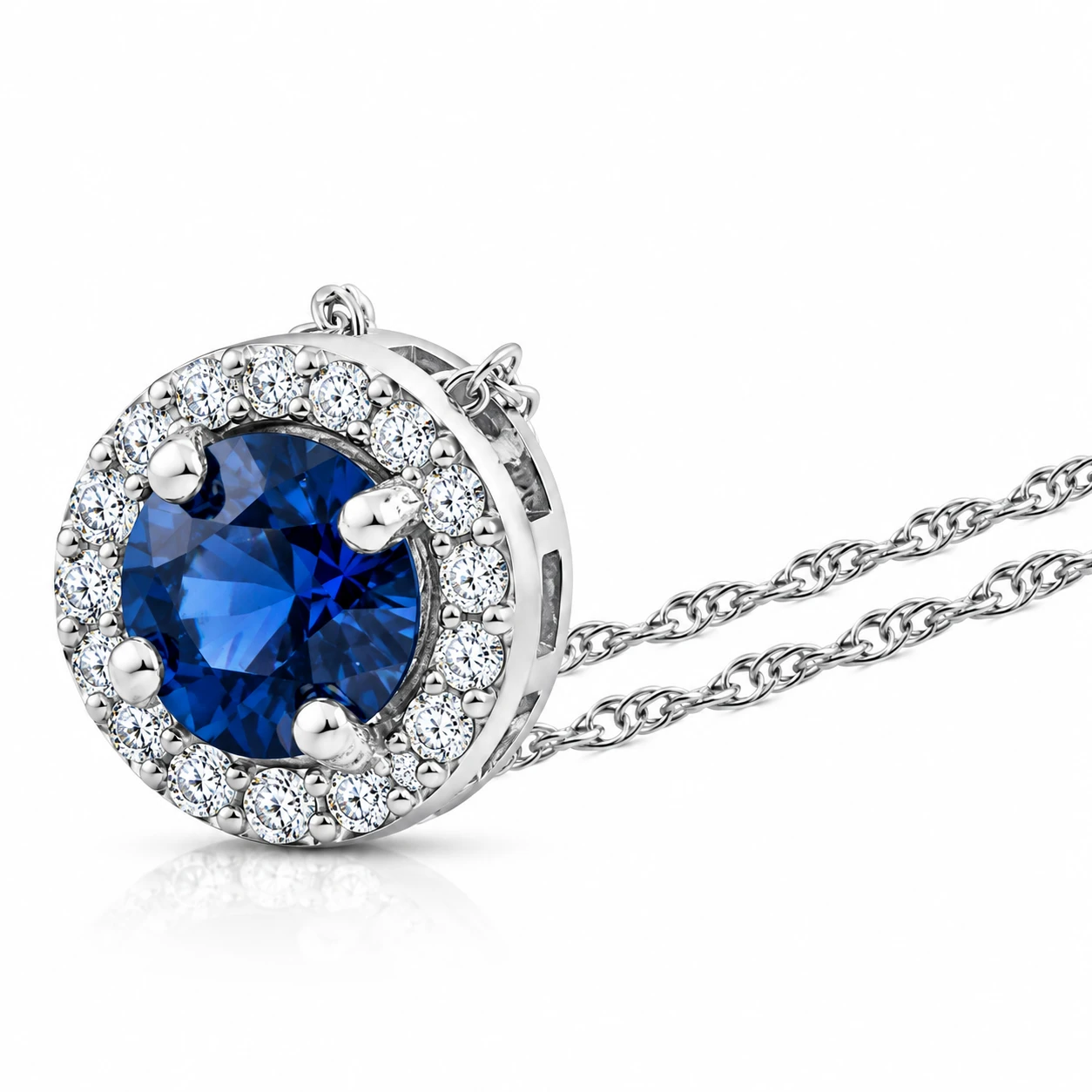 1/2ct Blue Sapphire & Diamond Halo Pendant White Gold & 18" Necklace Lab Grown (F-G, VS)