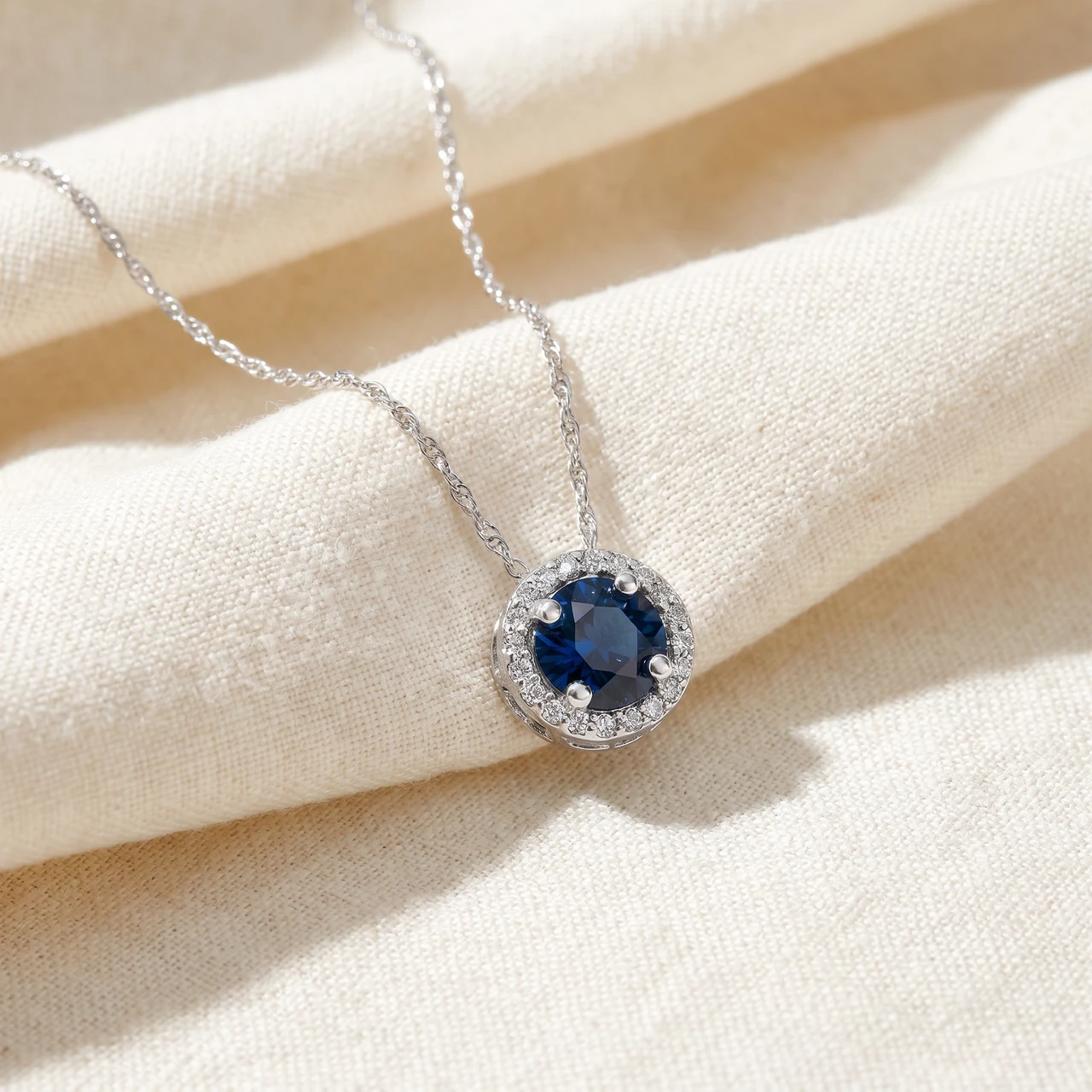 1/2ct Blue Sapphire & Diamond Halo Pendant White Gold & 18" Necklace Lab Grown (F-G, VS)