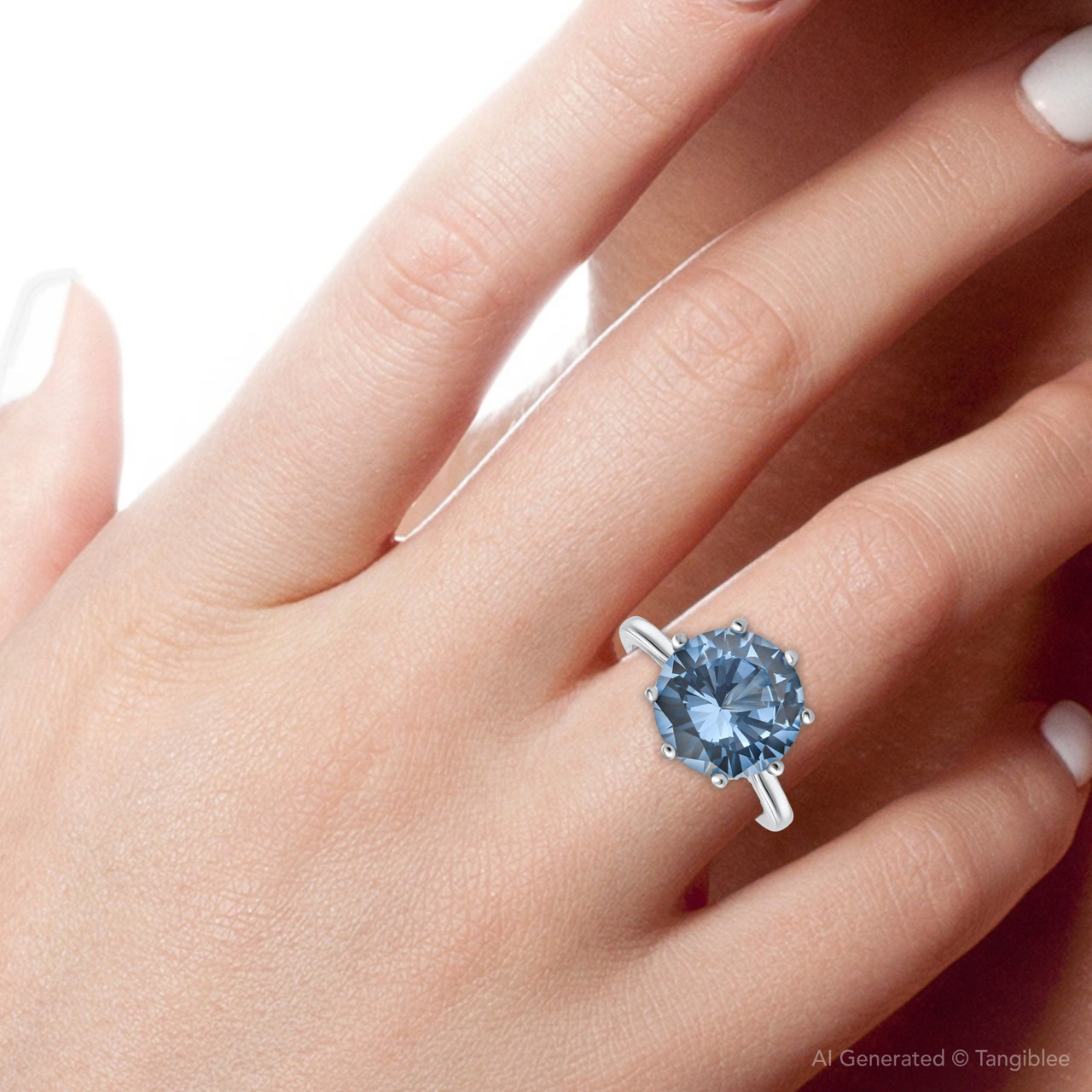 Aquamarine Solitaire Flower Ring 14k White Gold 10MM Lab Grown