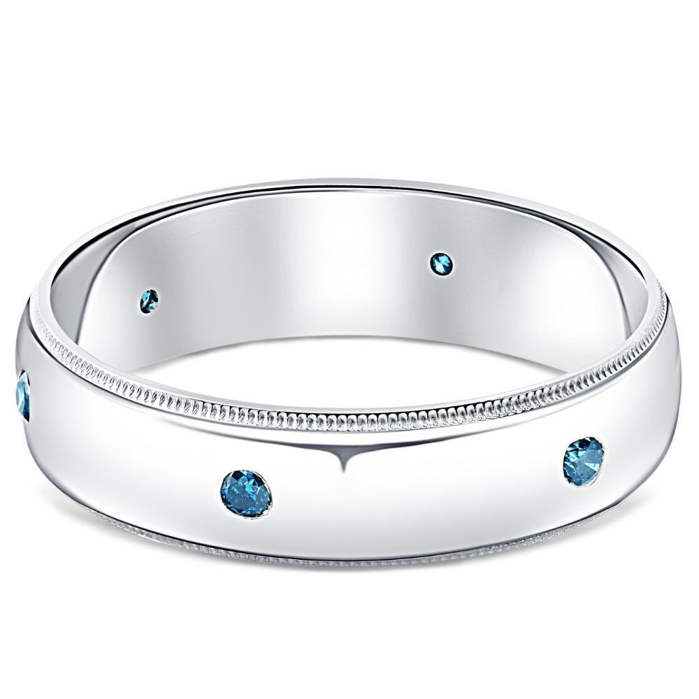 Mens Blue Diamond Wedding Ring 10K White Gold (Blue, SI)