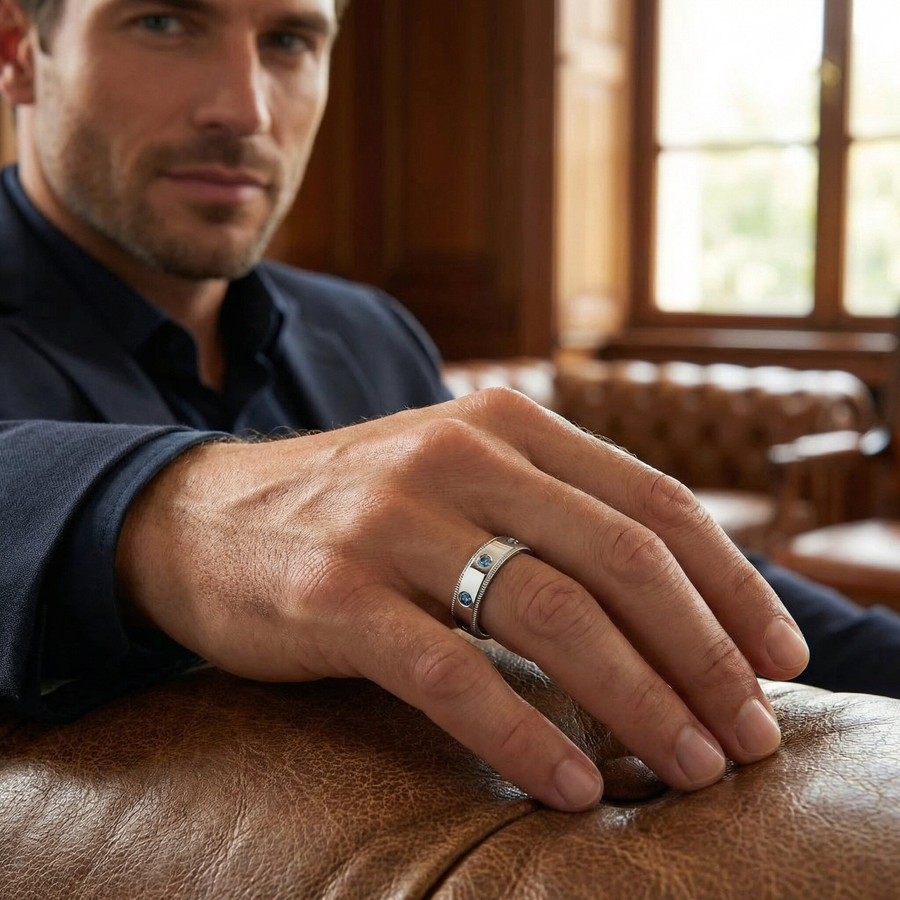 Mens Blue Diamond Wedding Ring 10K White Gold (Blue, SI)