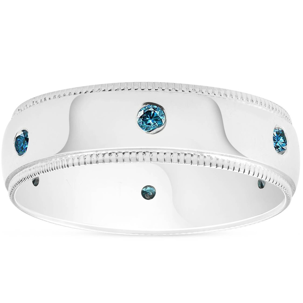 Mens Blue Diamond Wedding Ring 10K White Gold (Blue, SI)