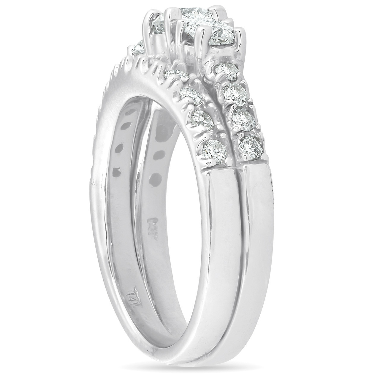 1 1/2 ct 3-Stone Diamond Engagement Ring Matching Wedding Band Set White Gold (H-I, I1)