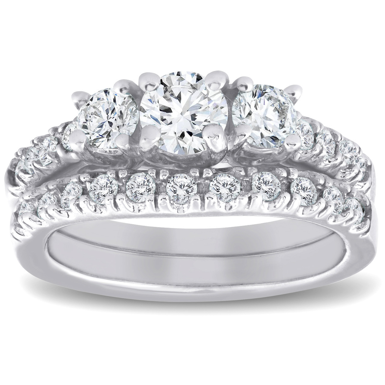 1 1/2 ct 3-Stone Diamond Engagement Ring Matching Wedding Band Set White Gold (H-I, I1)