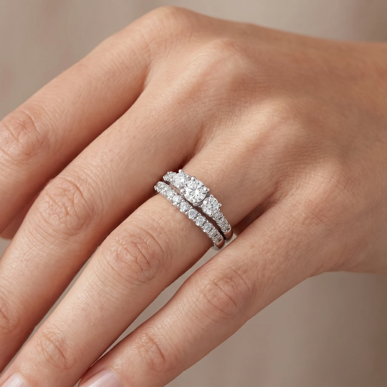 1 1/2 ct 3-Stone Diamond Engagement Ring Matching Wedding Band Set White Gold (H-I, I1)