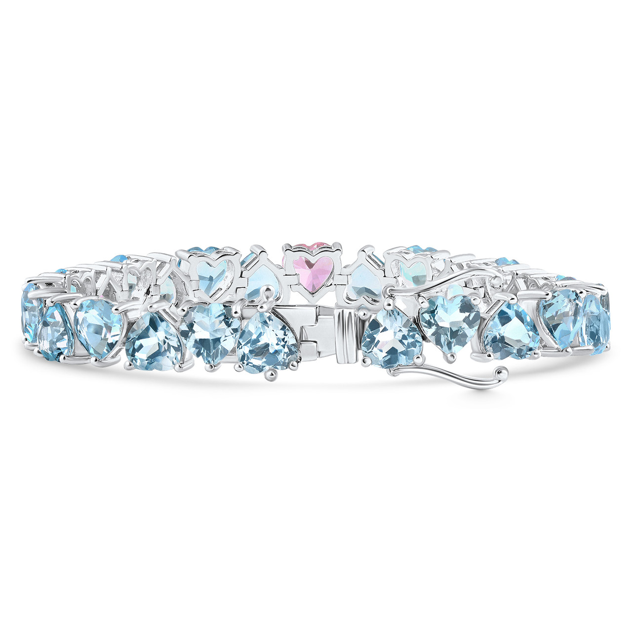 34.43Ct Heart Shape Pink & Blue Topaz Tennis Bracelet 14k White Gold 23.51grams