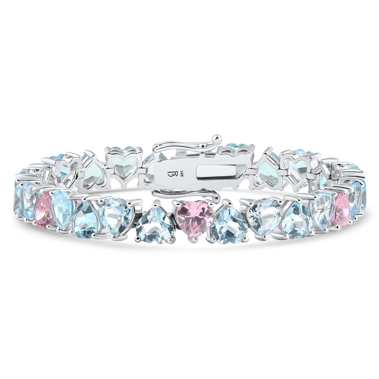 34.43Ct Heart Shape Pink & Blue Topaz Tennis Bracelet 14k White Gold 23.51grams