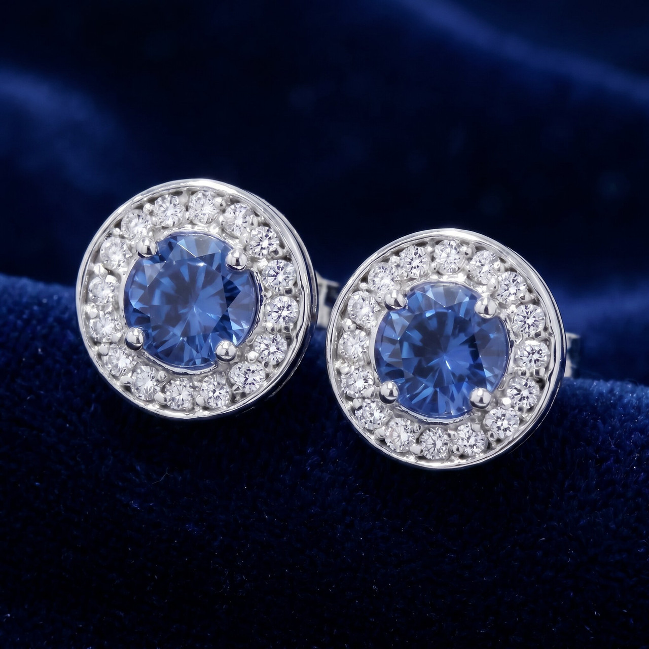 5/8ct Halo Diamond Blue Sapphire Studs 14K White Gold (G-H, I1)