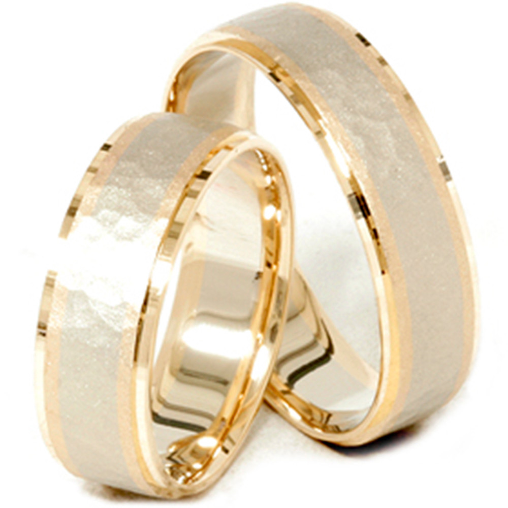14K Gold Matching Two Tone Hammered Wedding Ring Set