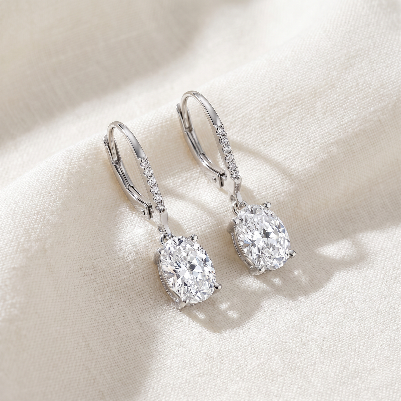 2.07Ct TW Oval Diamond Dangle Lever Back Hoops 10k White Gold Lab Grown (G-H, VS)