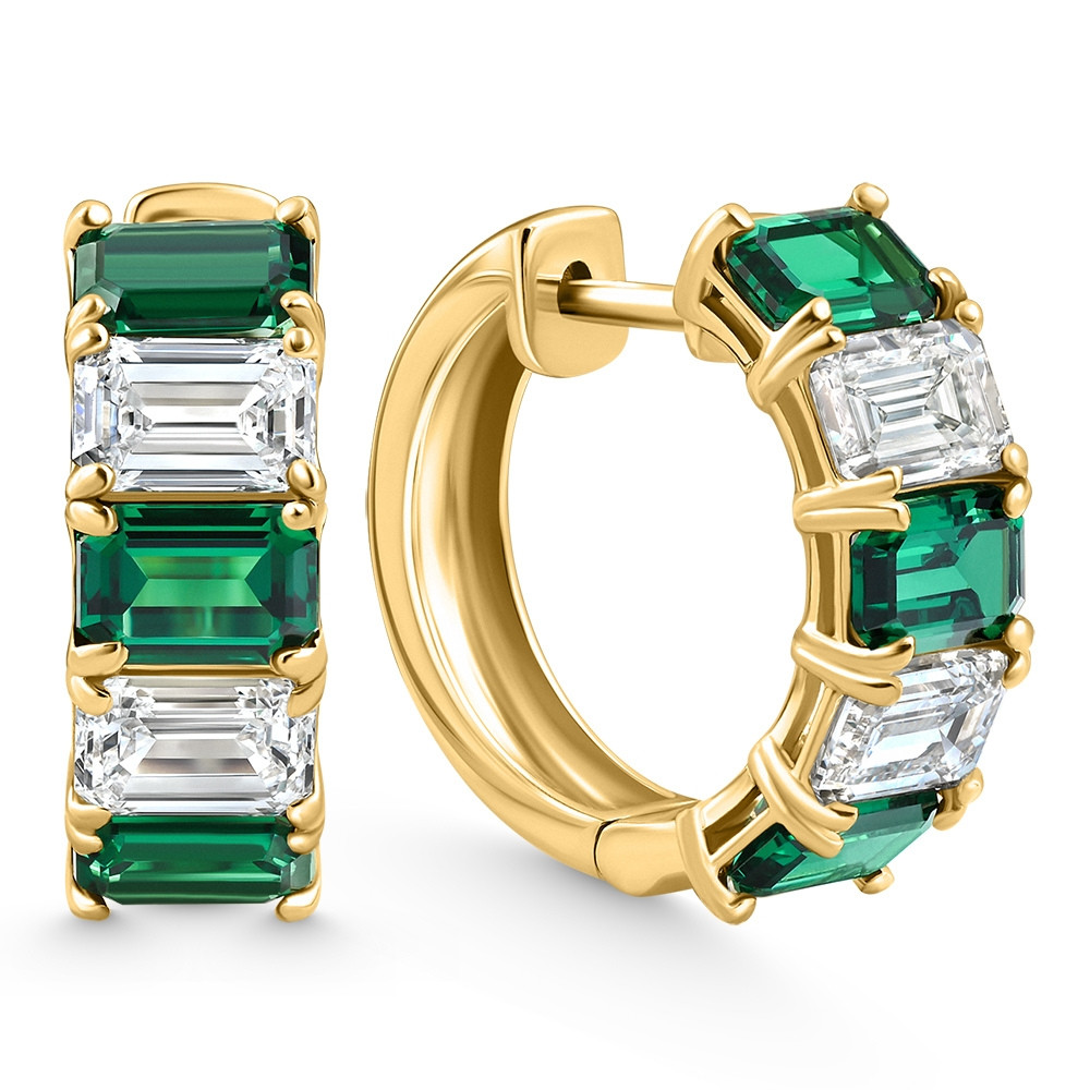 6Ct Emerald & Diamond Hoops 14k Yellow Gold Lab Grown 3/4" Tall (E-F, VS)