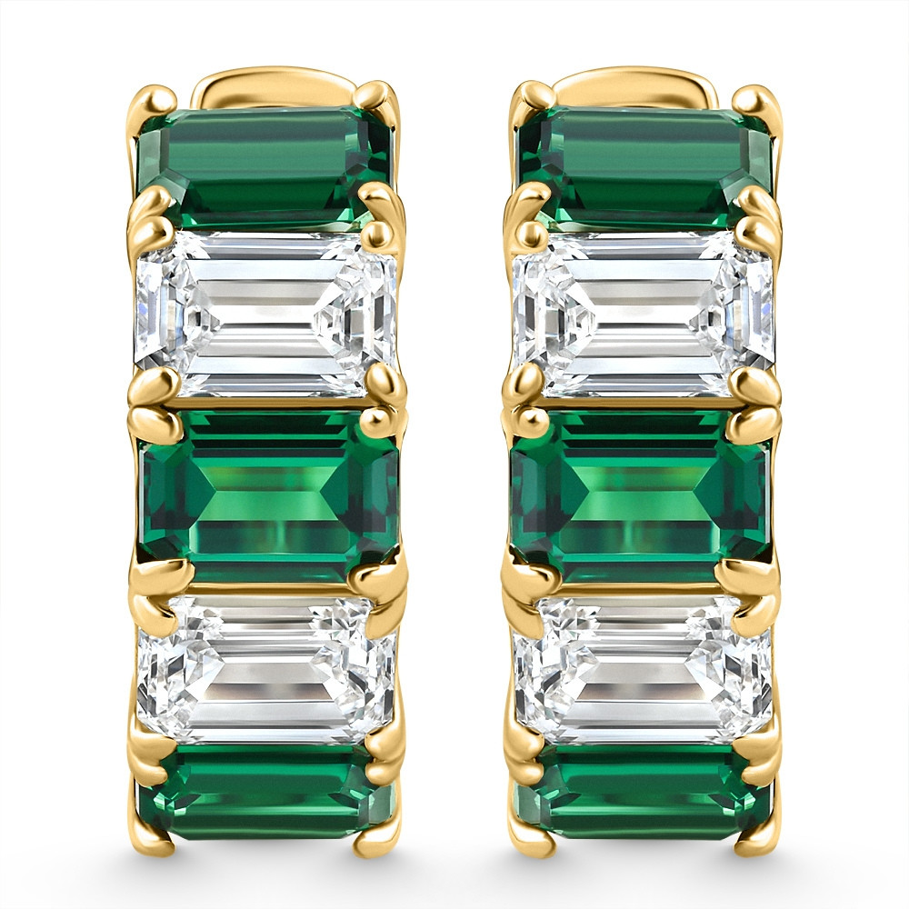 6Ct Emerald & Diamond Hoops 14k Yellow Gold Lab Grown 3/4" Tall (E-F, VS)