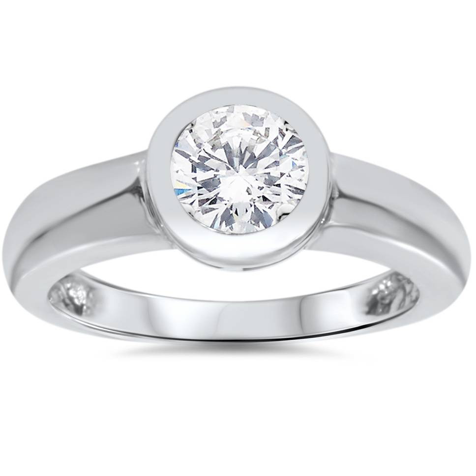 1ct Bezel Set Solitaire Diamond Engagement Ring 14K White Gold Round Enhanced (G-H, I1)